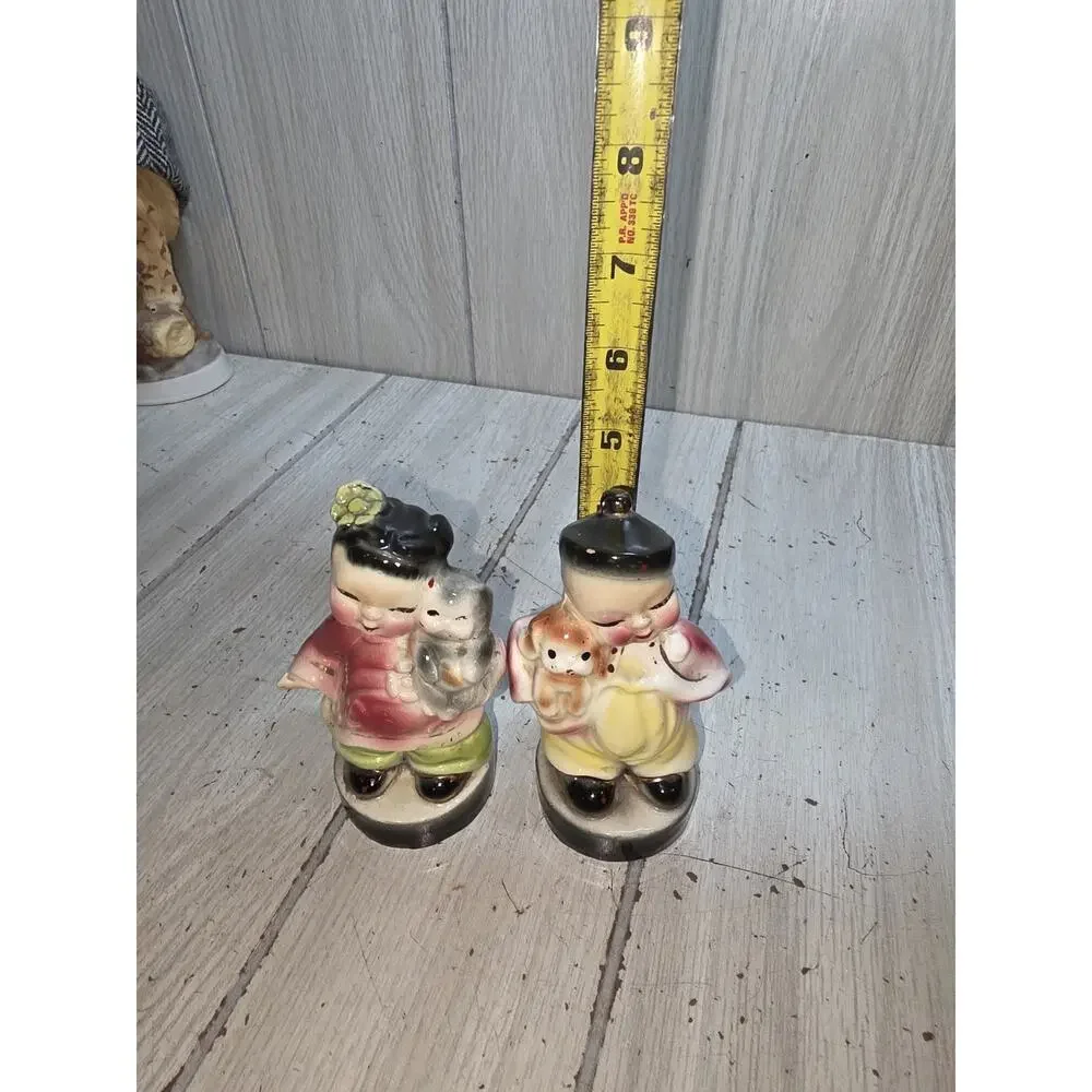 Vtg Figurines Asian Ching Lin Boy Girl Cat Dog Japan READ